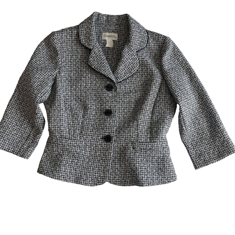 Vintage Chadwicks Suit Jacket Women’s M* Black White Twill Peplum 3 Button READ